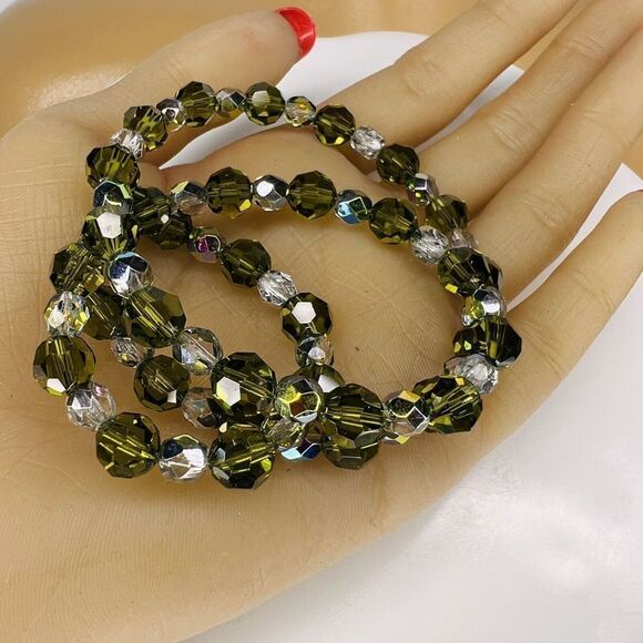 Vintage Art Glass Necklace Crystal Olive Green Clear AB Sterling Silver 4722 - Picture 9 of 13